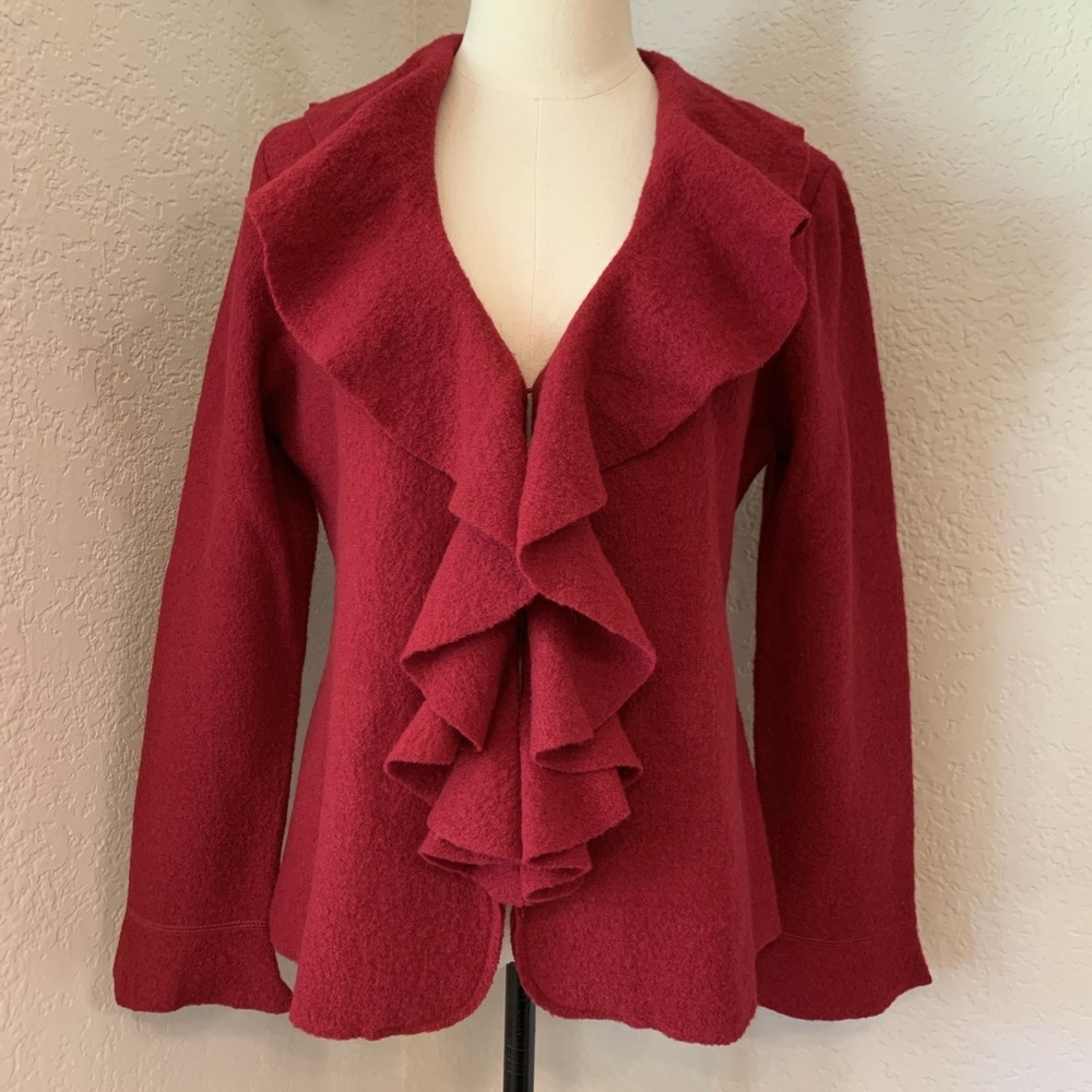 Susan Bristol Red 100% Boiled Wool Ruffle Front Cardigan Sweater Womens Medium